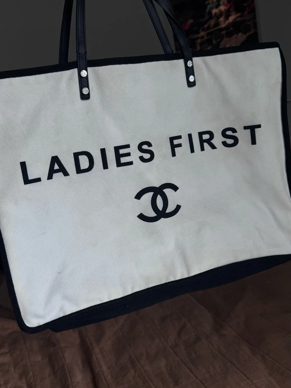 CHANEL Ladies First Canvas Tote in White and Black